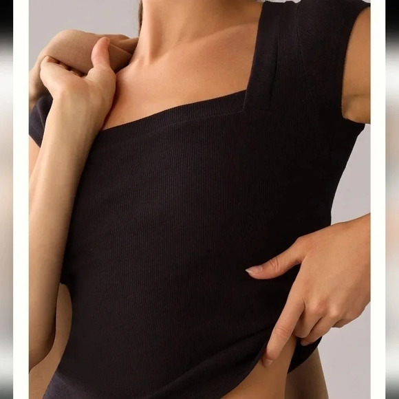 NWOT Pilcro Anthropologie Square Neck Black Cotton Cap Sleeve Top Shirt M Petite - Picture 3 of 4